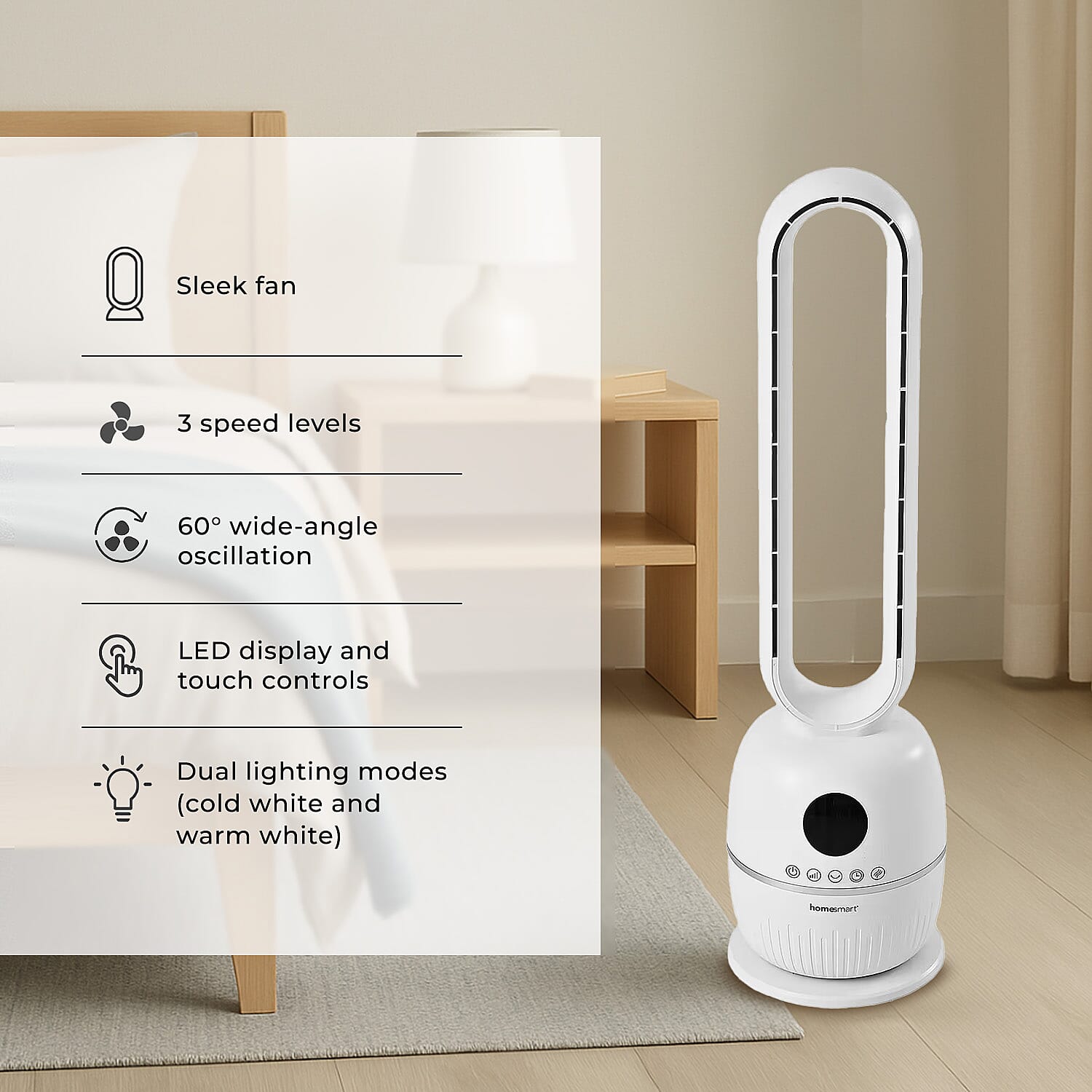 LAST OF STOCK- Homesmart Bladeless Energy Efficient (60W) Tower Fan With Remote Control- 12-Hr Timer, 3 Wind Speeds, 60 Degree Oscillation For Wide Air Distribution & 3 Wind Modes