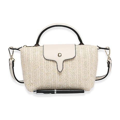 Straw-Look Crossbody Bag with Top Handle - Perfect for Summer Style - Beige