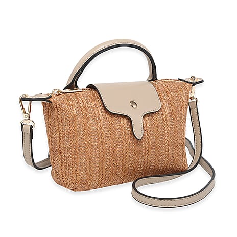 Straw-Look Crossbody Bag with Beige Accents - Perfect for Summer Style - Camel