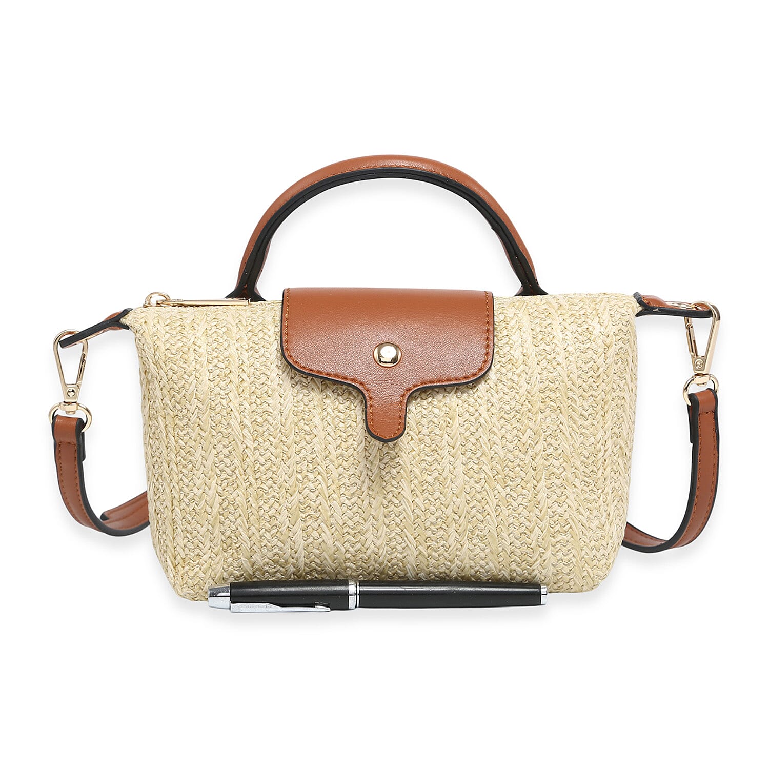 Straw-Look Crossbody Bag with Top Handle - Perfect for Summer Style - Apricot