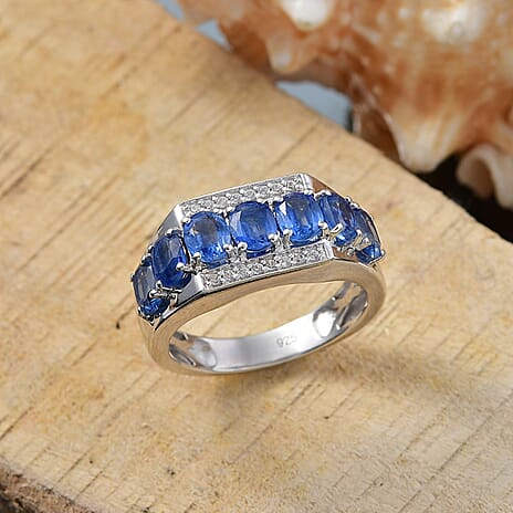 Kashmir Kyanite & White Zircon Ring in Rhodium Overlay Sterling Silver 3.73 Ct.