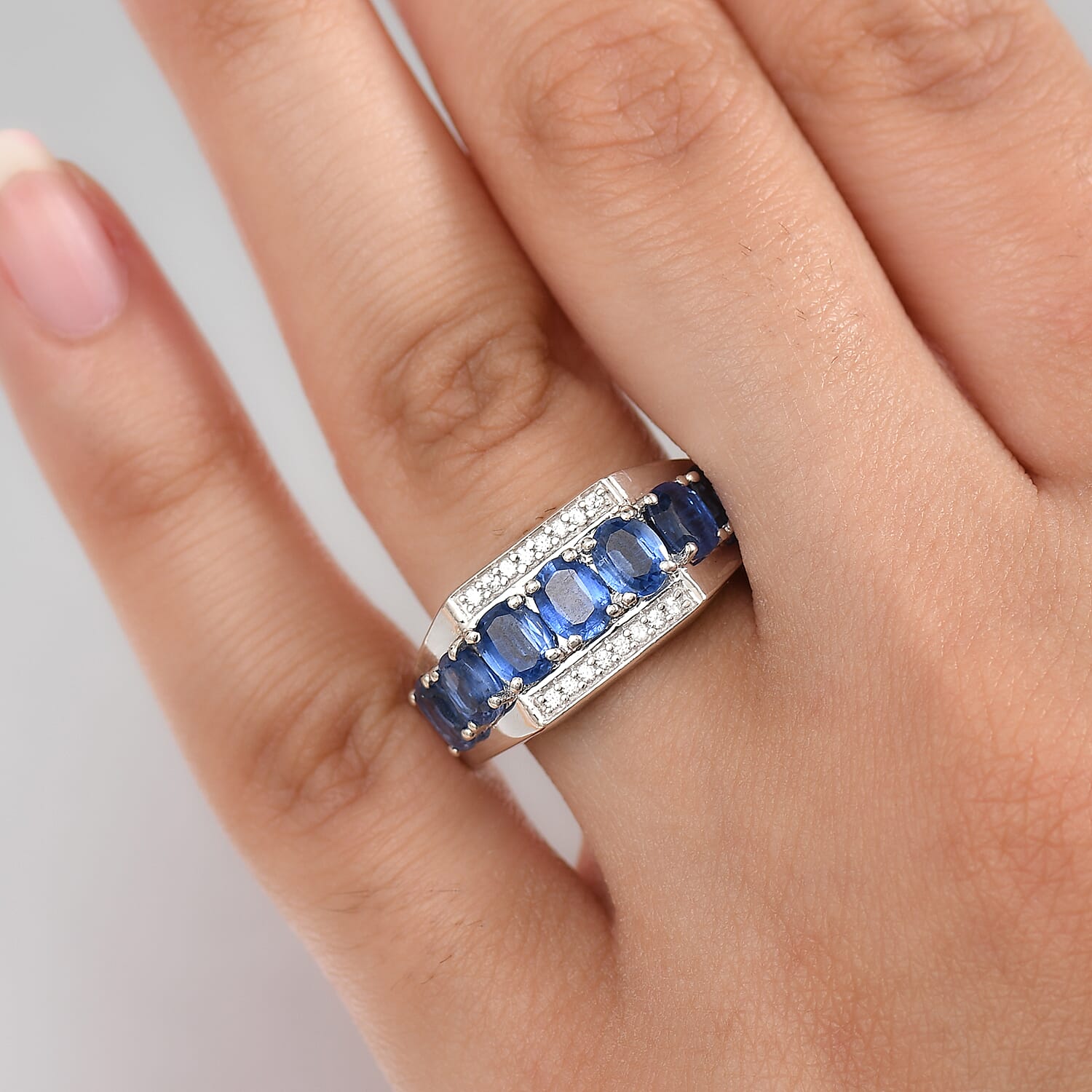 Kashmir Kyanite & White Zircon Ring in Rhodium Overlay Sterling Silver 3.73 Ct.