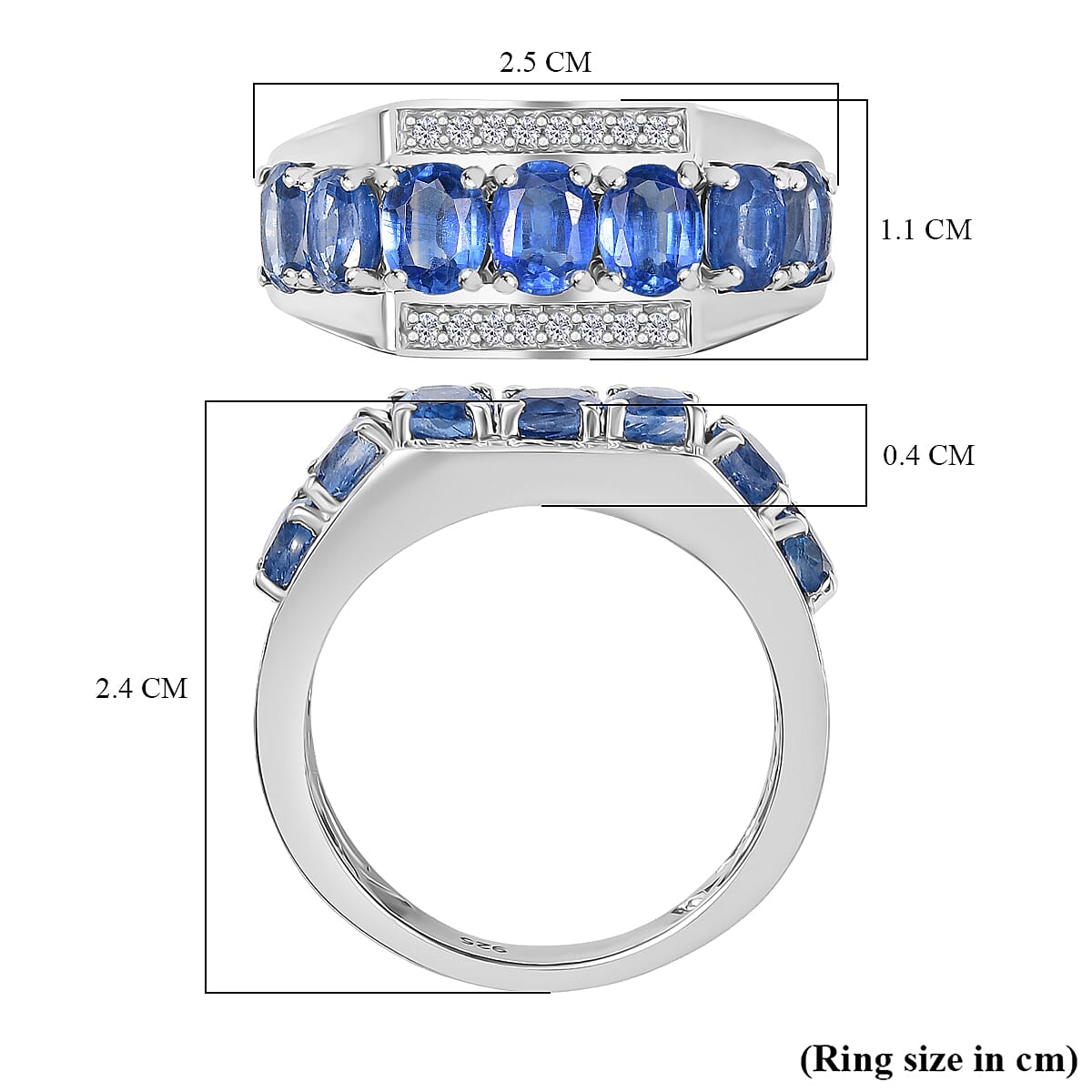 Kashmir Kyanite & White Zircon Ring in Rhodium Overlay Sterling Silver 3.73 Ct.