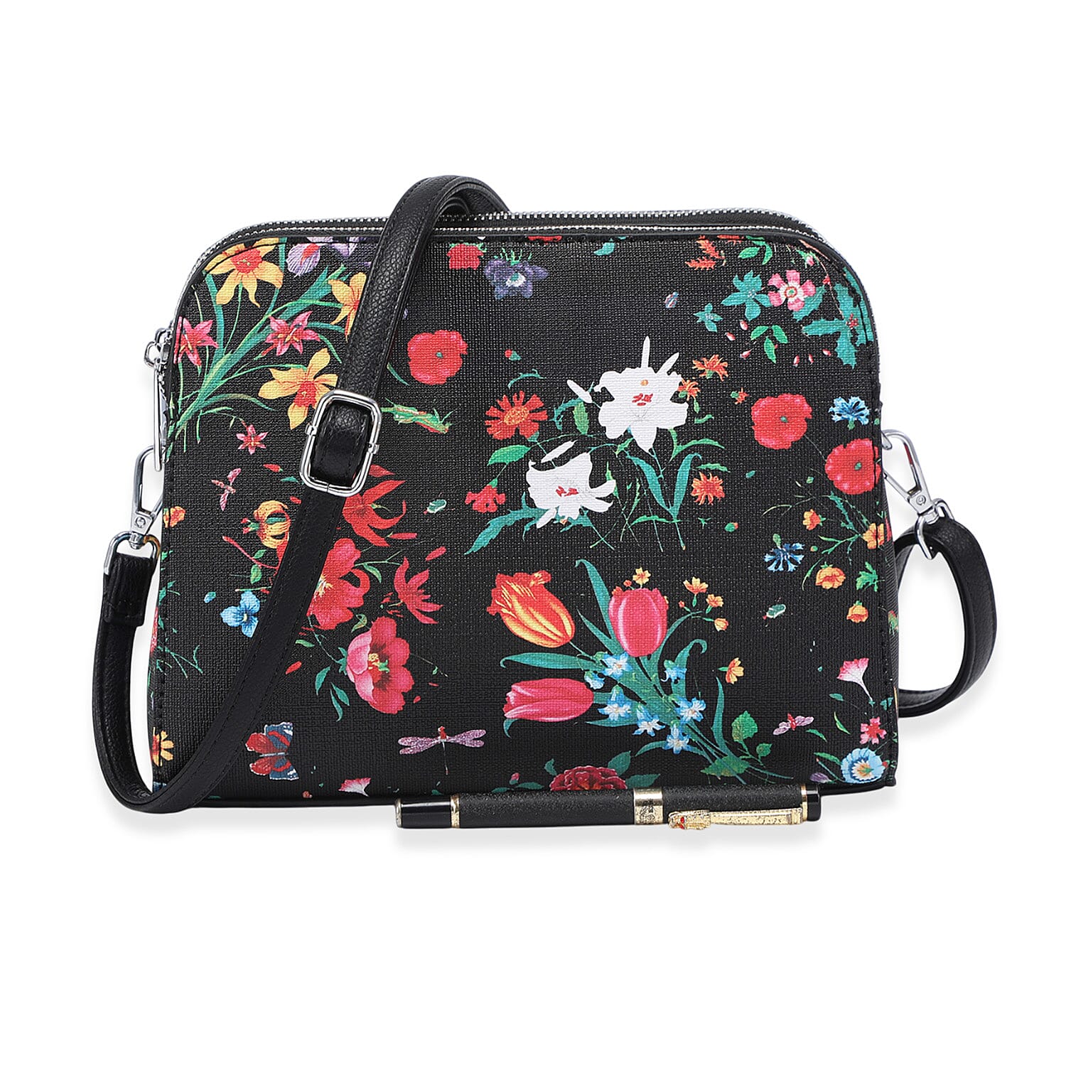 House Of Milano Floral Print Double Pocket Crossbody Bag - Black