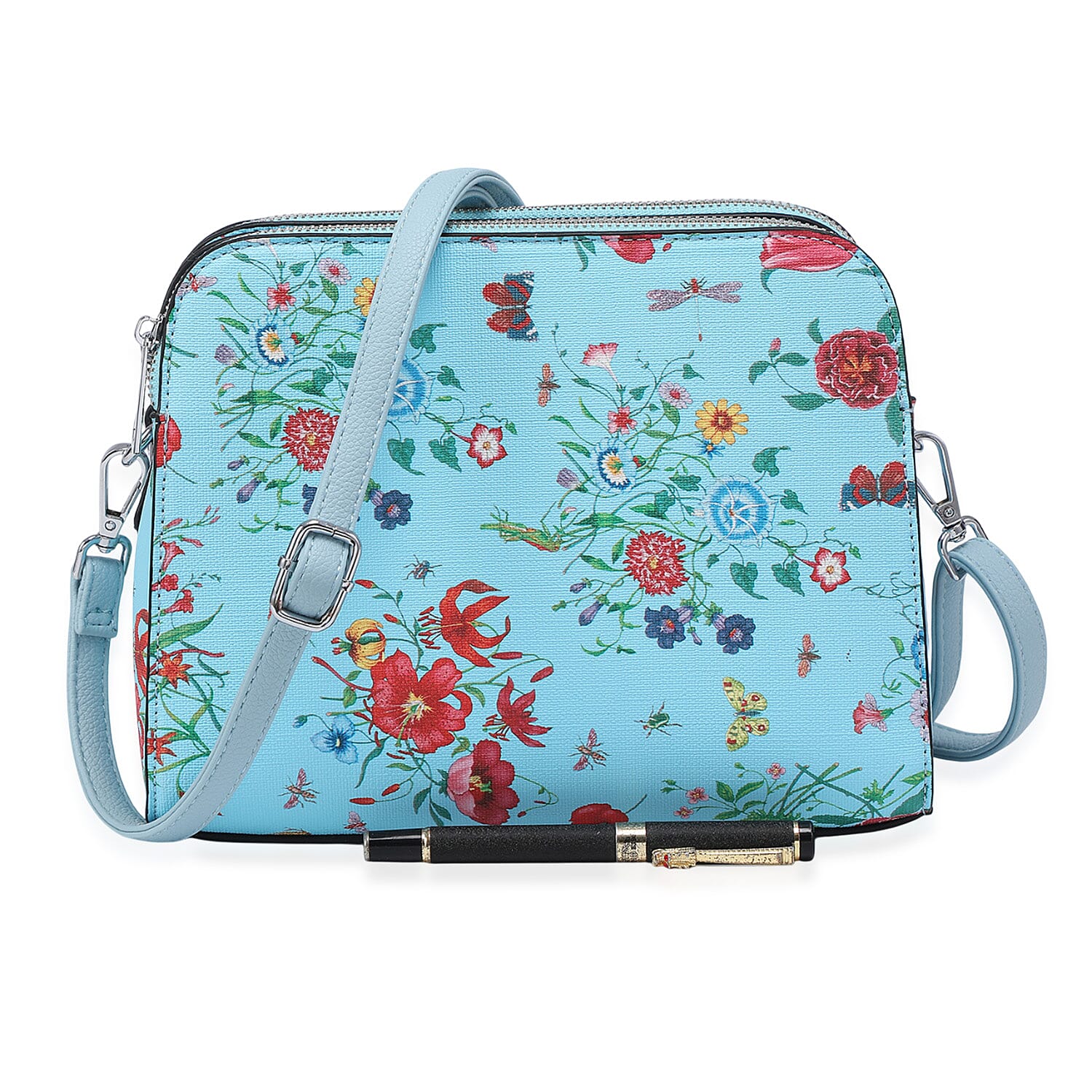 House Of Milano Floral Print Double Pocket Crossbody Bag - Blue