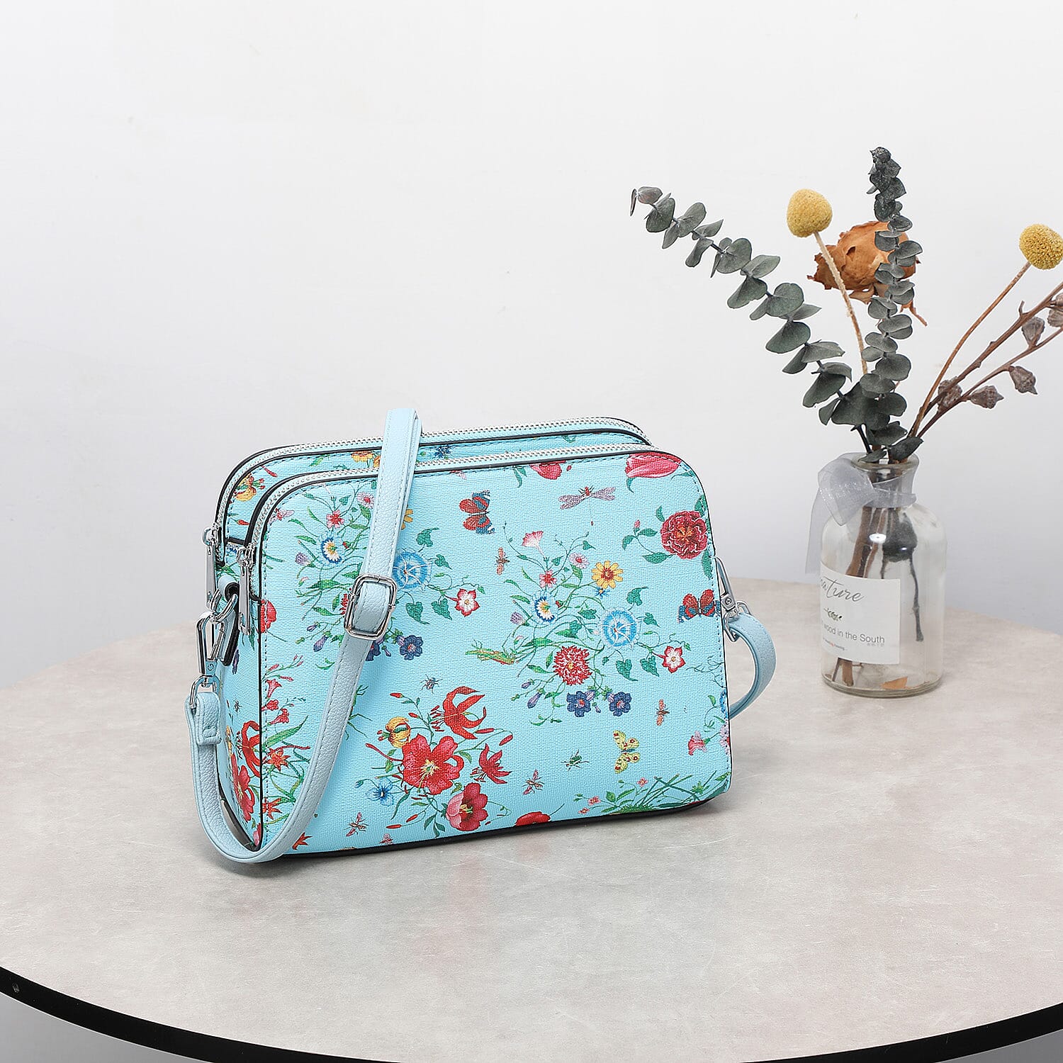 House Of Milano Floral Print Double Pocket Crossbody Bag - Blue