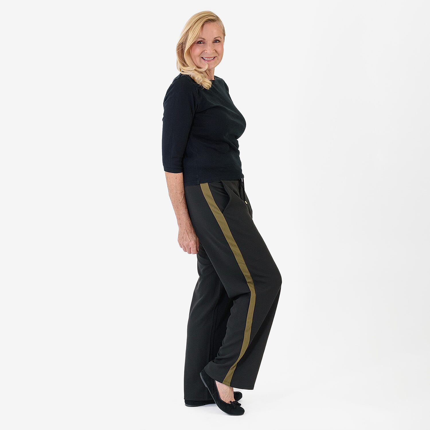 Pure And Natural Women's Wide Leg Track Pants With Contrast Stripe (Size S) - Black & Khaki
