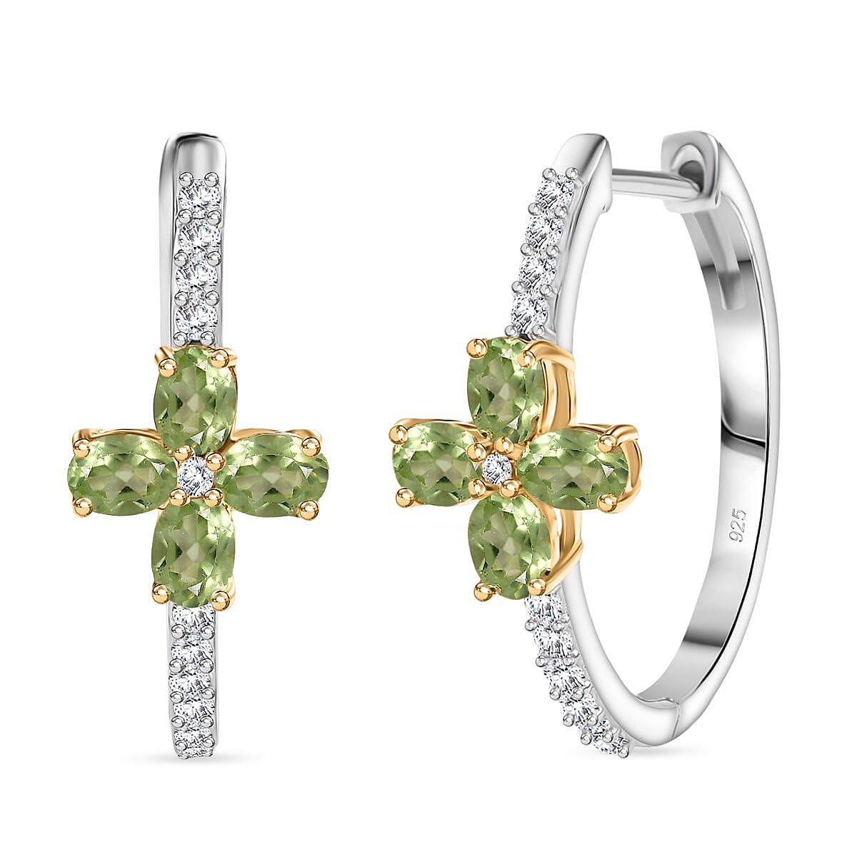 Natural Hebei Peridot & White Zircon Hoop Earring in 18K Vermeil Yellow Gold Plated & Rhodium Overlay Sterling Silver 1.95 Ct.
