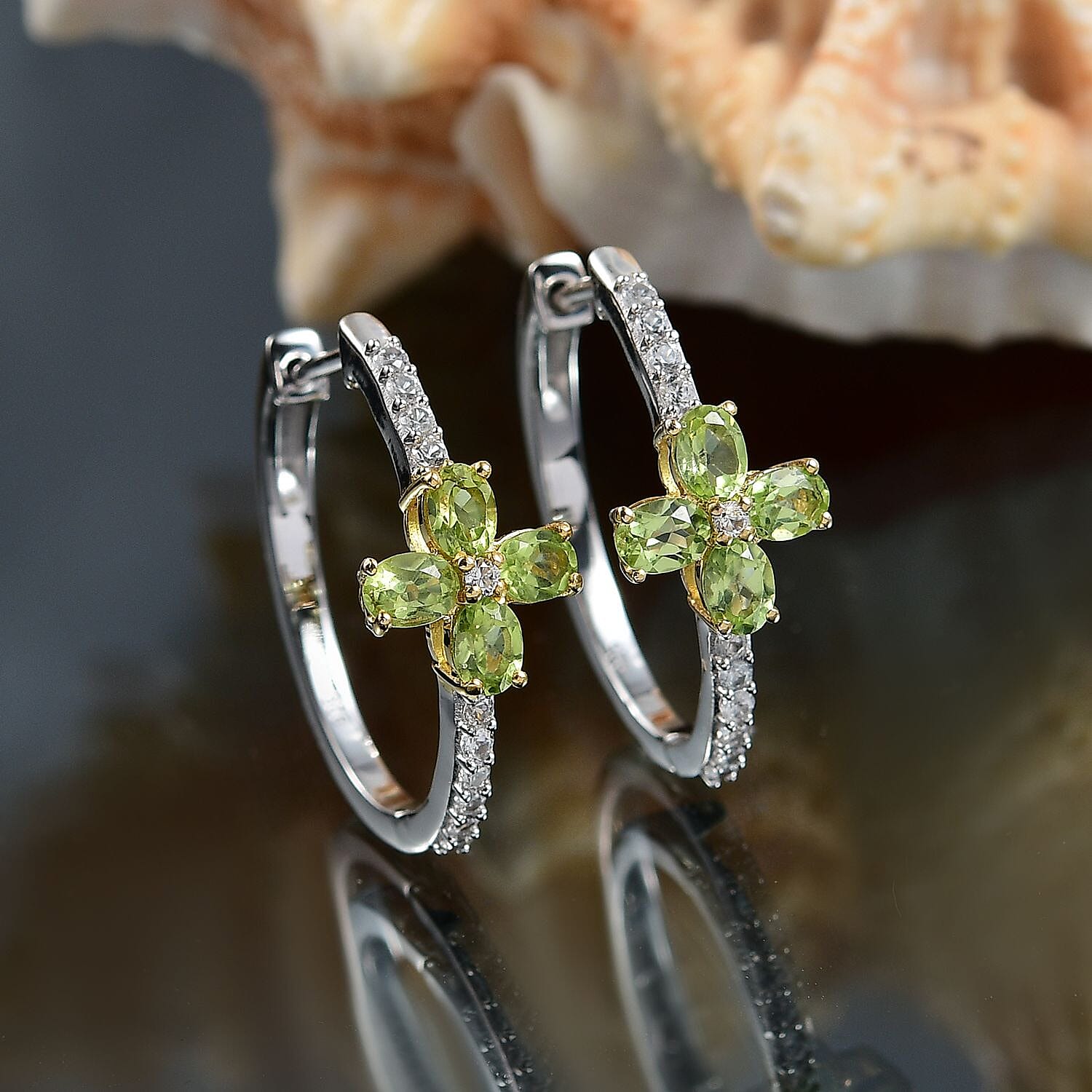 Natural Hebei Peridot & White Zircon Hoop Earring in 18K Vermeil Yellow Gold Plated & Rhodium Overlay Sterling Silver 1.95 Ct.