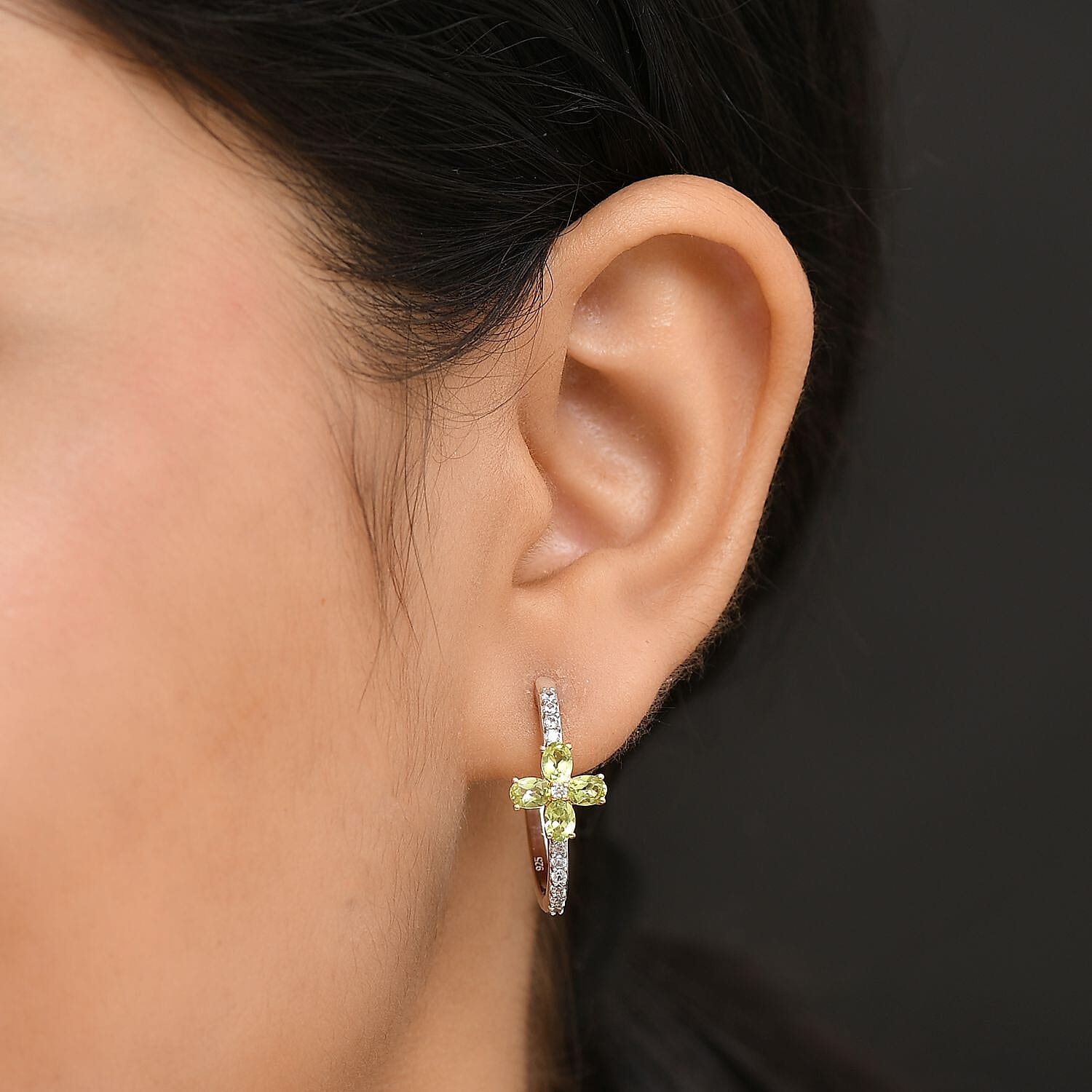 Natural Hebei Peridot & White Zircon Hoop Earring in 18K Vermeil Yellow Gold Plated & Rhodium Overlay Sterling Silver 1.95 Ct.