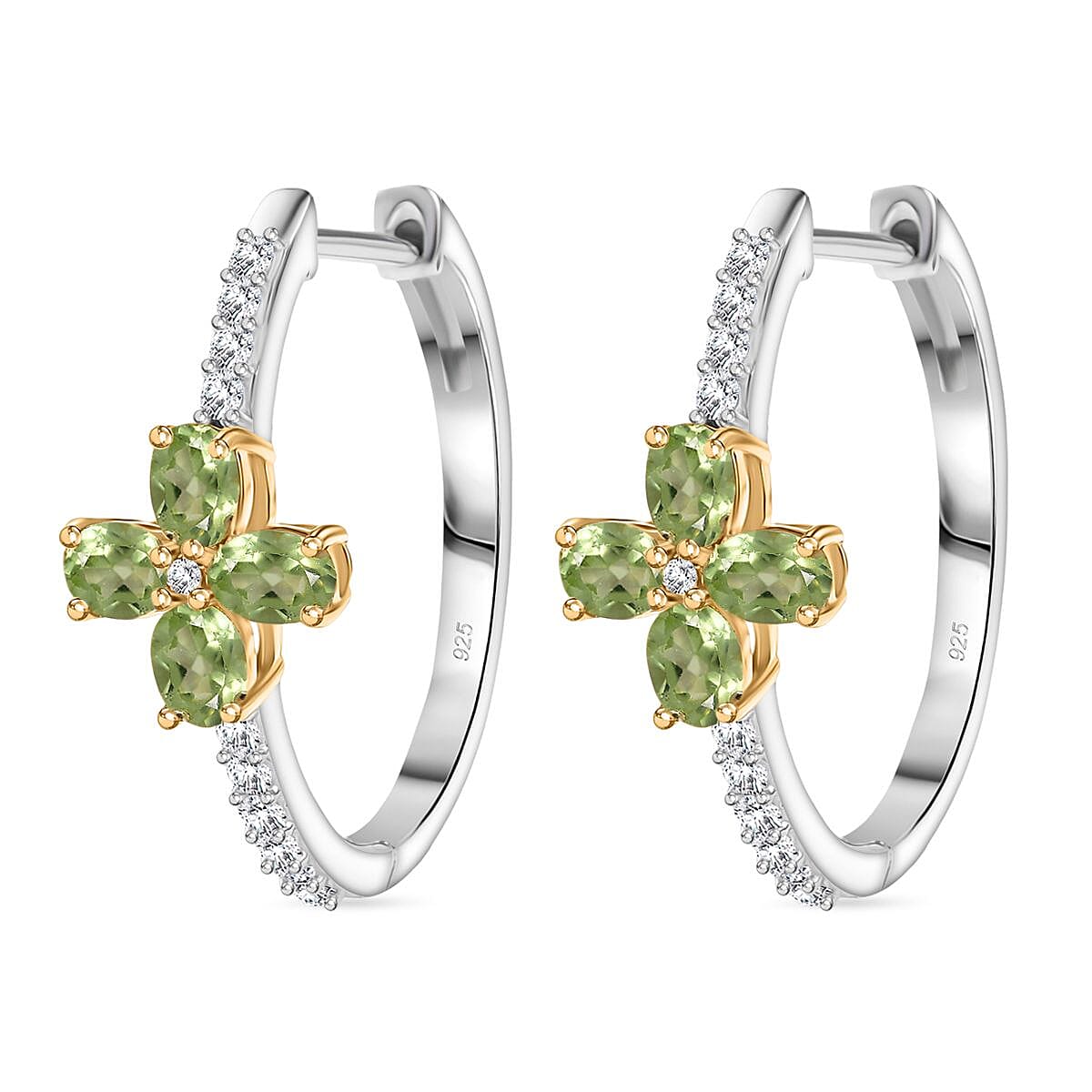 Natural Hebei Peridot & White Zircon Hoop Earring in 18K Vermeil Yellow Gold Plated & Rhodium Overlay Sterling Silver 1.95 Ct.