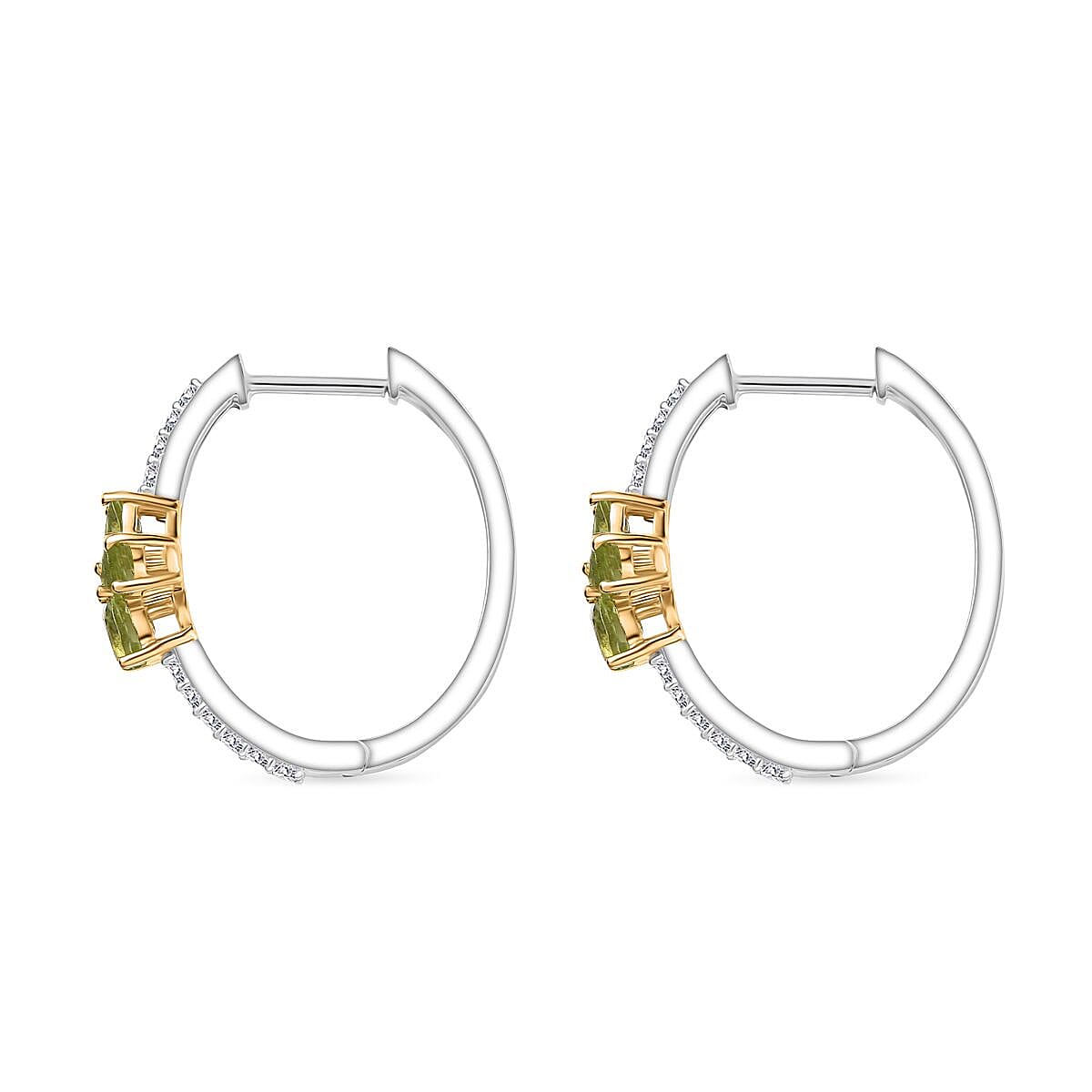 Natural Hebei Peridot & White Zircon Hoop Earring in 18K Vermeil Yellow Gold Plated & Rhodium Overlay Sterling Silver 1.95 Ct.