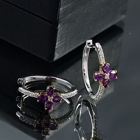 African Amethyst & White Zircon Hoop Earring in 18K Vermeil Yellow Gold Plated & Rhodium Overlay Sterling Silver 1.77 Ct.