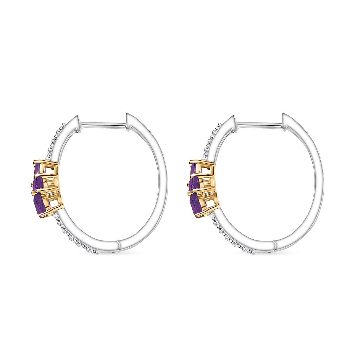 African Amethyst & White Zircon Hoop Earring in 18K Vermeil Yellow Gold Plated & Rhodium Overlay Sterling Silver 1.77 Ct. African Amethyst & White Zircon Hoop Earring in 18K Vermeil Yellow Gold Plated & Rhodium Overlay Sterling Silver 1.77 Ct.