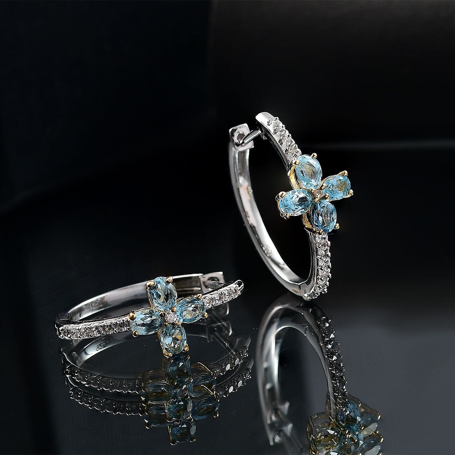 Blue Topaz & White Zircon Hoop Earring in 18K Vermeil Yellow Gold Plated & Rhodium Overlay Sterling Silver 2.15 Ct.