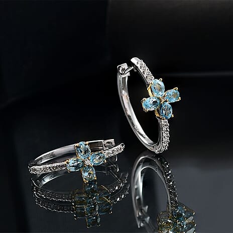 Blue Topaz & White Zircon Hoop Earring in 18K Vermeil Yellow Gold Plated & Rhodium Overlay Sterling Silver 2.15 Ct.