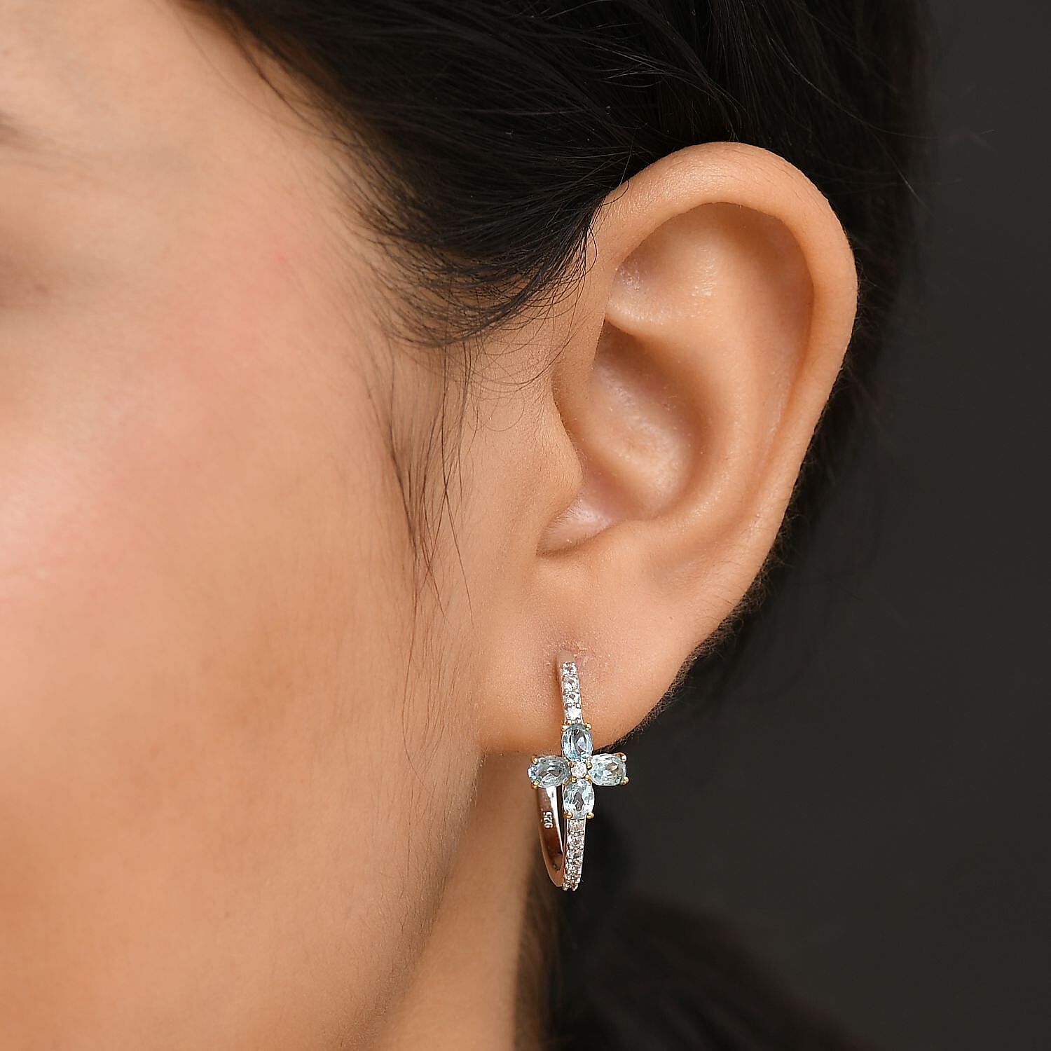 Blue Topaz & White Zircon Hoop Earring in 18K Vermeil Yellow Gold Plated & Rhodium Overlay Sterling Silver 2.15 Ct.