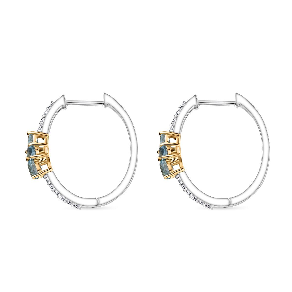 Blue Topaz & White Zircon Hoop Earring in 18K Vermeil Yellow Gold Plated & Rhodium Overlay Sterling Silver 2.15 Ct.
