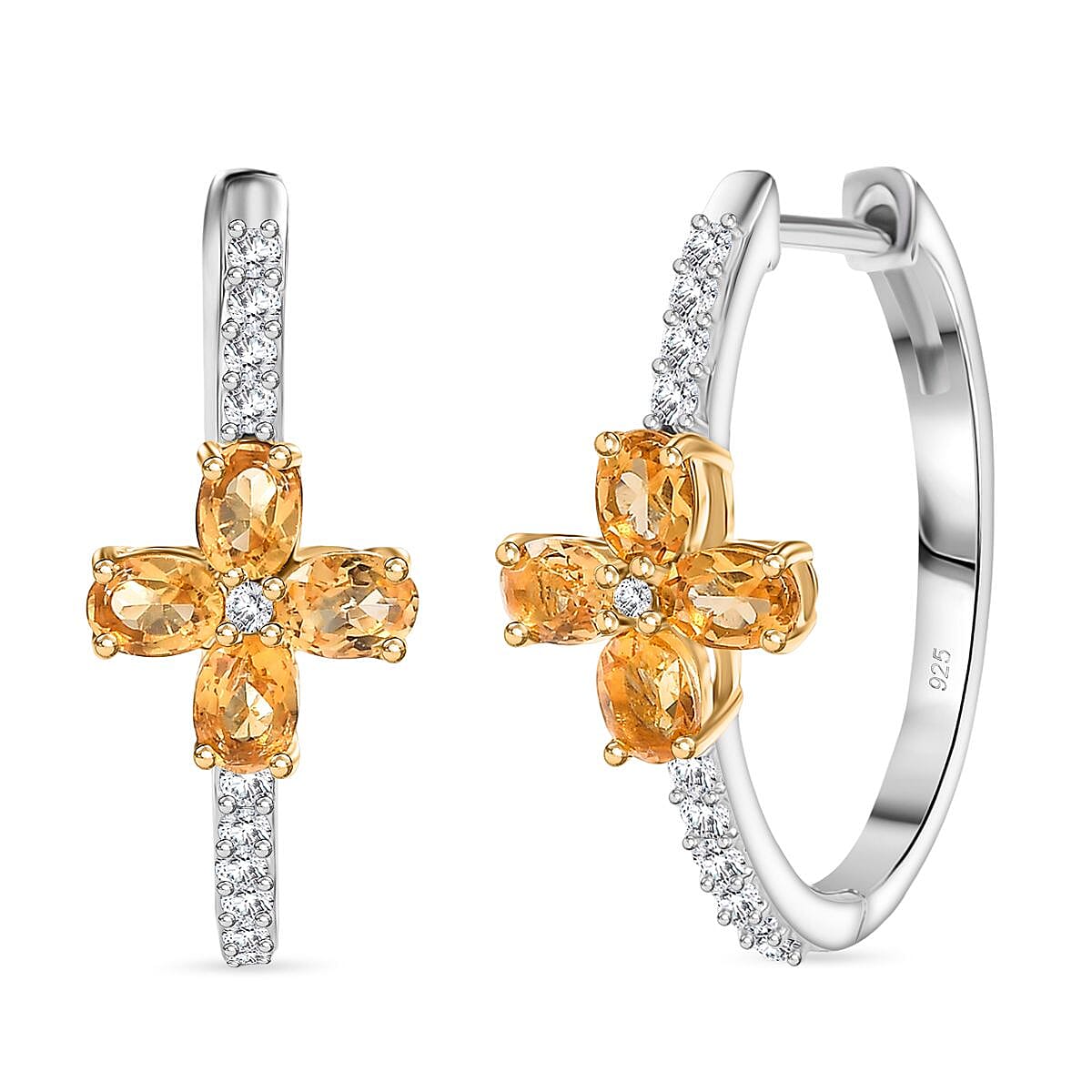 Citrine & White Zircon Hoop Earring in 18K Vermeil Yellow Gold Plated & Rhodium Overlay Sterling Silver 1.86 Ct.