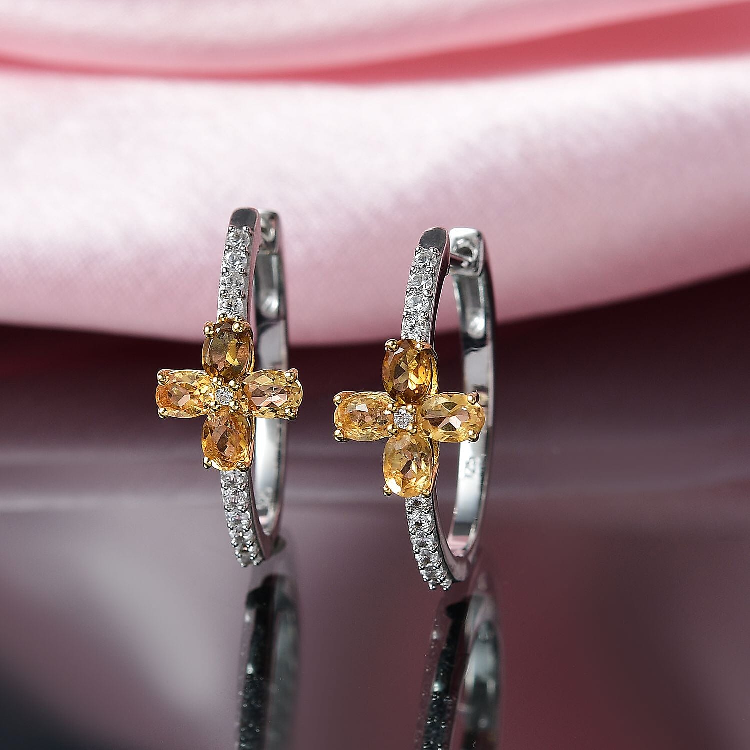Citrine & White Zircon Hoop Earring in 18K Vermeil Yellow Gold Plated & Rhodium Overlay Sterling Silver 1.86 Ct.