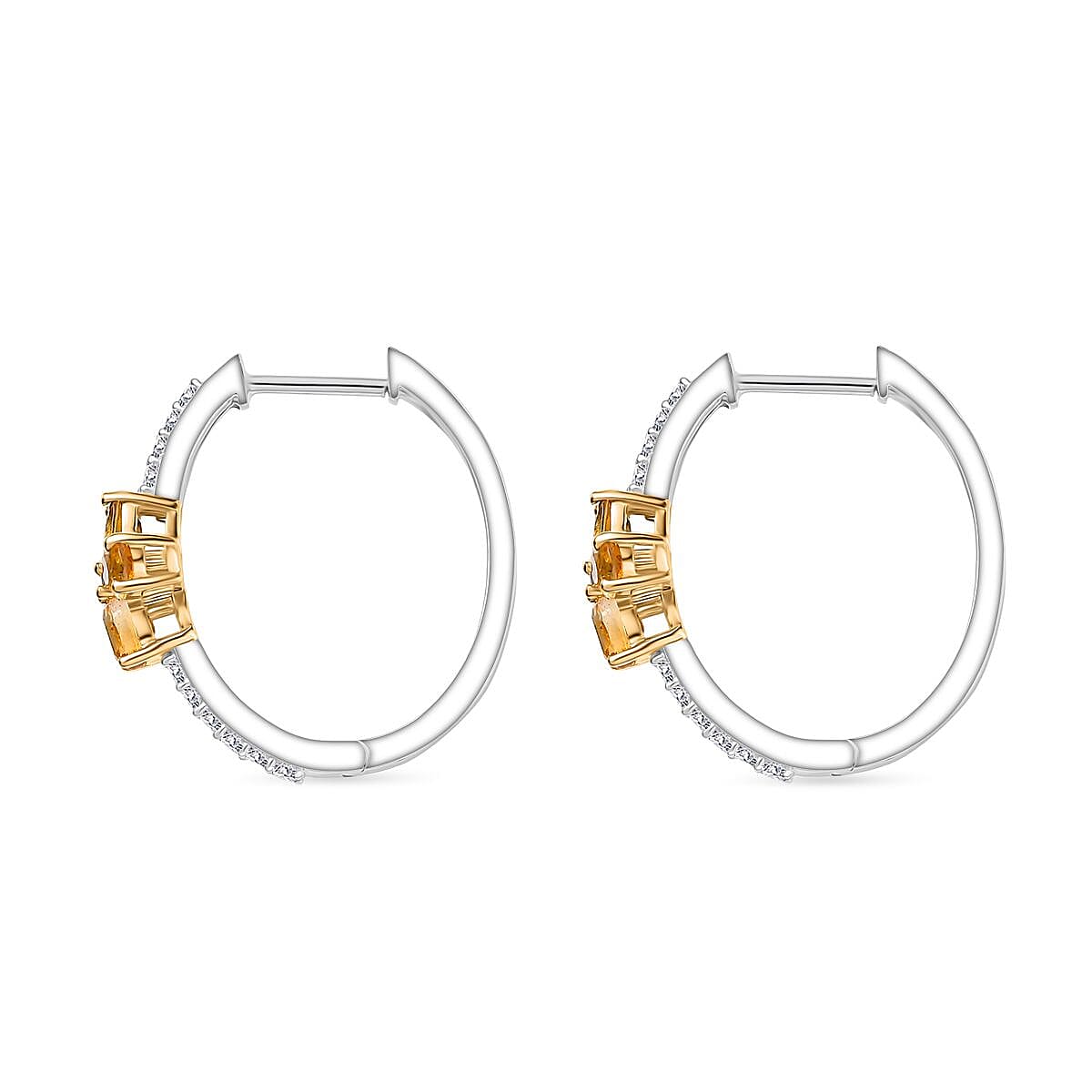 Citrine & White Zircon Hoop Earring in 18K Vermeil Yellow Gold Plated & Rhodium Overlay Sterling Silver 1.86 Ct.