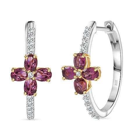 Rhodolite Orissa Garnet & White Zircon Hoop Earring in 18K Vermeil Yellow Gold Plated Sterling Silver 2.28 Ct.