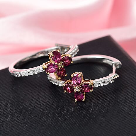 Rhodolite Orissa Garnet & White Zircon Hoop Earring in 18K Vermeil Yellow Gold Plated Sterling Silver 2.28 Ct.