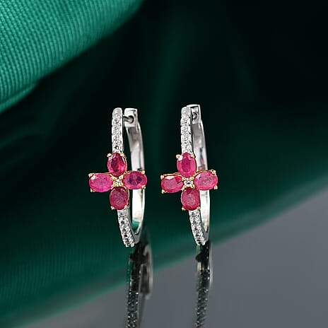 African Ruby, White Zircon Fancy Earring Sterling Silver  2.496  Ct.