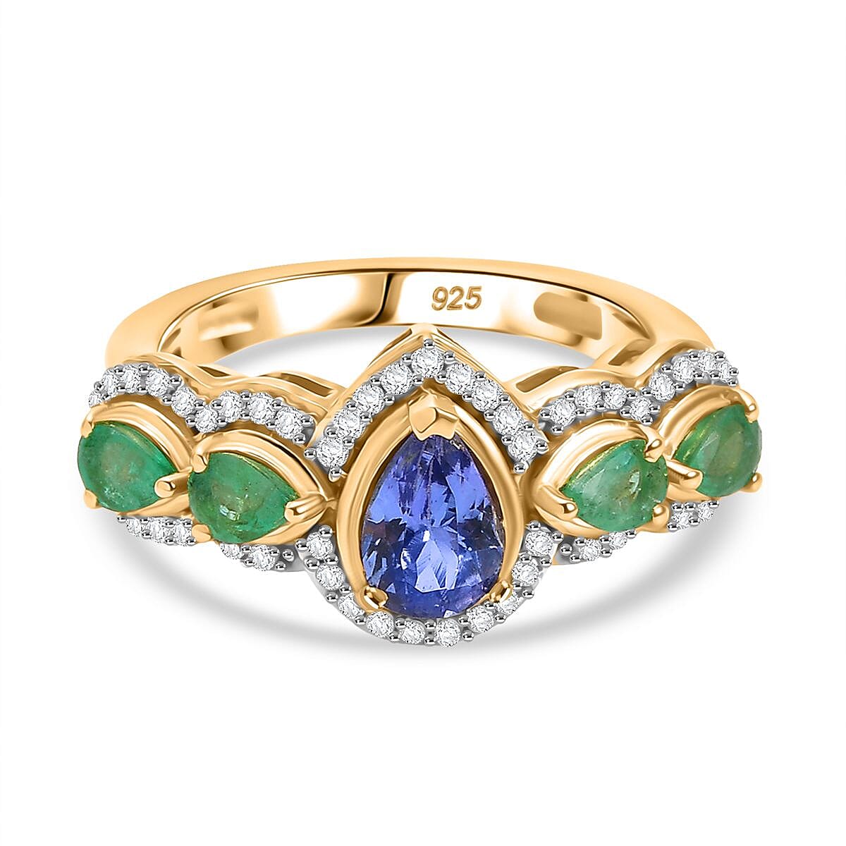 Tanzanite, White Zircon & Zambian Emerald Cluster Ring in 18K Vermeil Yellow Gold Plated Sterling Silver 1.77 Ct.