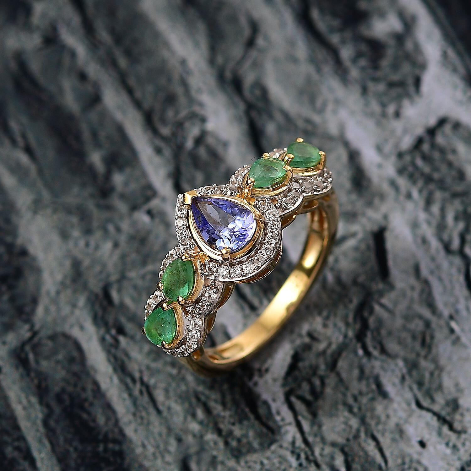 Tanzanite, White Zircon & Zambian Emerald Cluster Ring in 18K Vermeil Yellow Gold Plated Sterling Silver 1.77 Ct.