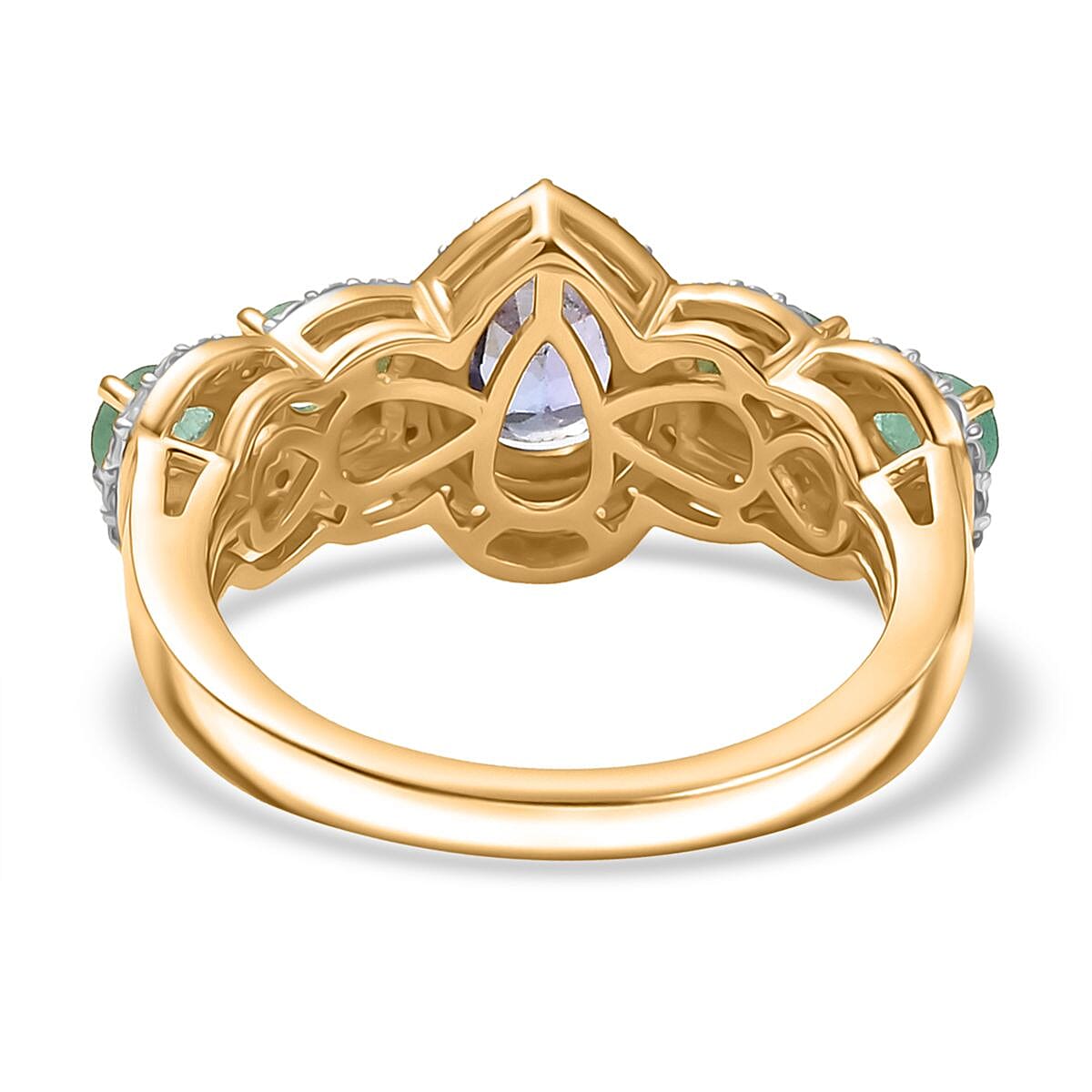 Tanzanite, White Zircon & Zambian Emerald Cluster Ring in 18K Vermeil Yellow Gold Plated Sterling Silver 1.77 Ct.