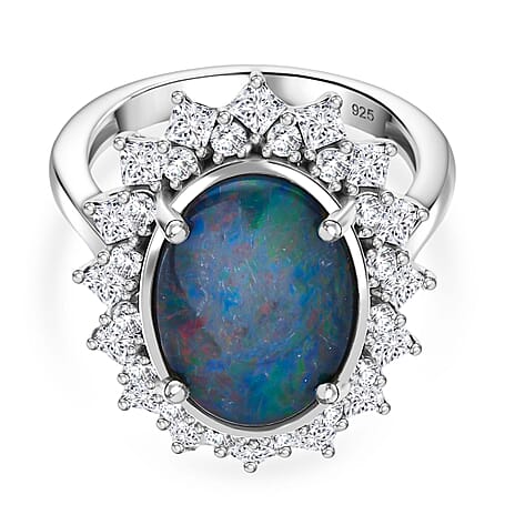 AAA Rare Size Boulder Opal (14X10 mm) and Moissanite Ring in Rhodium Overlay Sterling Silver 4.52 Ct.