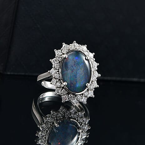 AAA Rare Size Boulder Opal (14X10 mm) and Moissanite Ring in Rhodium OverlaySterling Silver. Total Wt 4.50 Cts