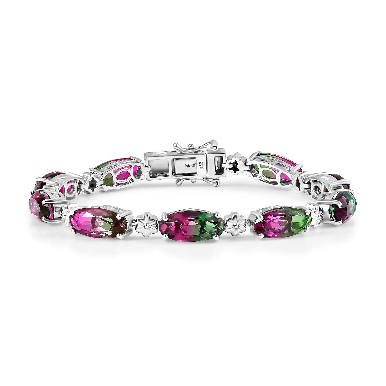 Watermelon Quartz Triplet Tennis Bracelet (Size - 8) with GB Lock Box in Rhodium Overlay Sterling Silver 27.70 Ct, Silver Wt.14.37 Gms.