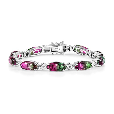 Watermelon Quartz Triplet Tennis Bracelet (Size - 8) with GB Lock Box in Rhodium Overlay Sterling Silver 27.70 Ct, Silver Wt.14.37 Gms.