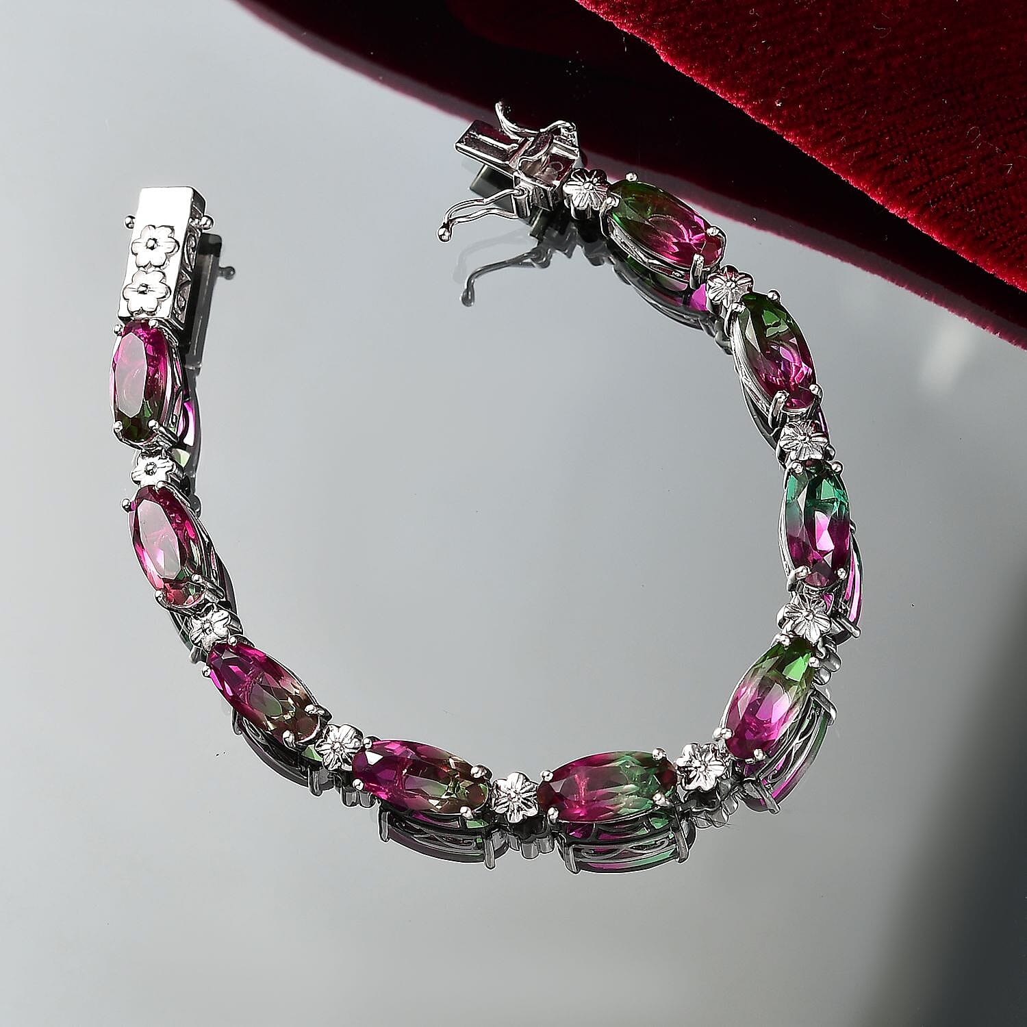Watermelon Quartz Triplet Tennis Bracelet (Size - 8) with GB Lock Box in Rhodium Overlay Sterling Silver 27.70 Ct, Silver Wt.14.37 Gms.