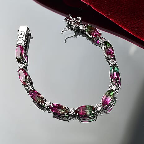 Watermelon Quartz Triplet Tennis Bracelet (Size - 8) with GB Lock Box in Rhodium Overlay Sterling Silver 27.70 Ct, Silver Wt.14.37 Gms.