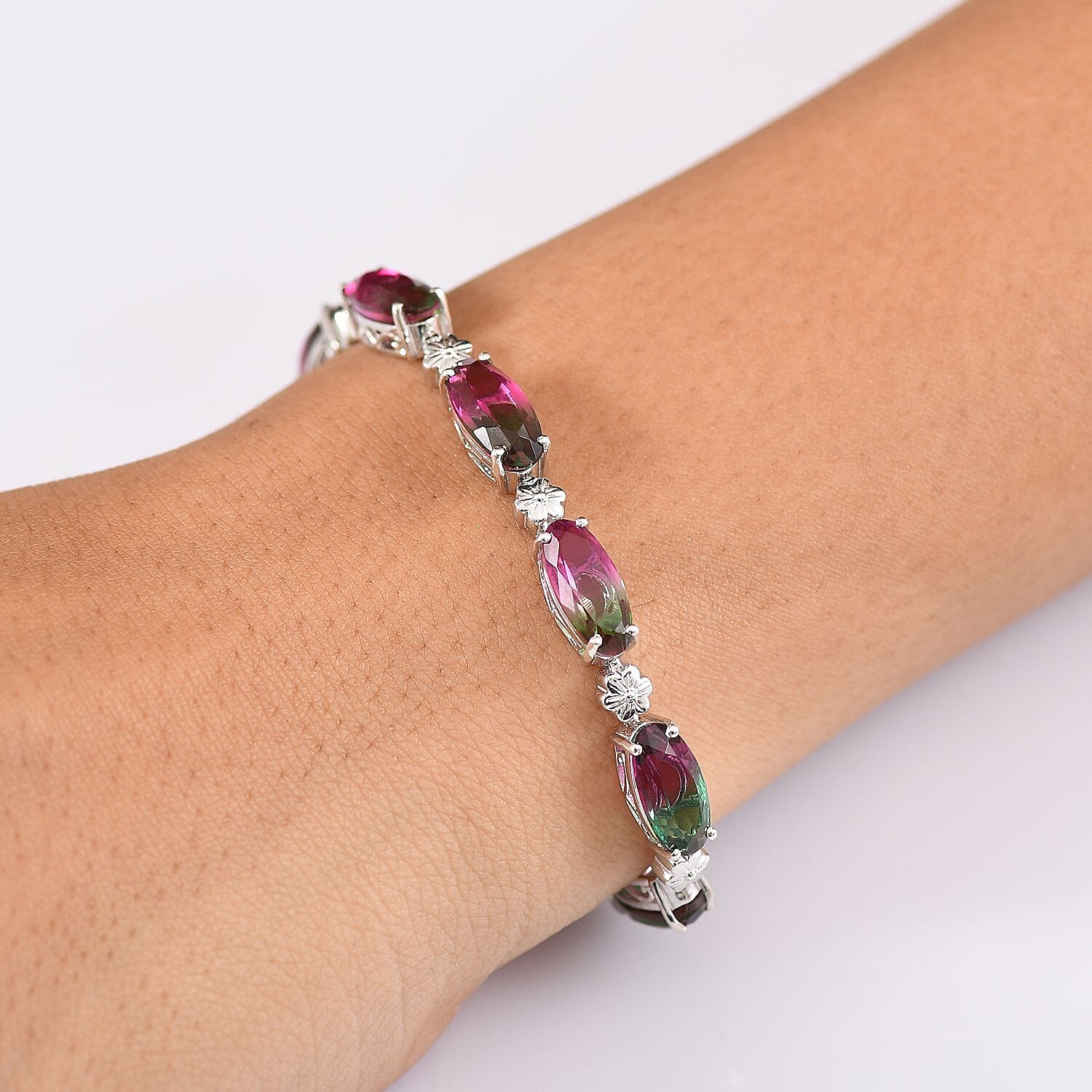 Watermelon Quartz Triplet Tennis Bracelet (Size - 8) with GB Lock Box in Rhodium Overlay Sterling Silver 27.70 Ct, Silver Wt.14.37 Gms.