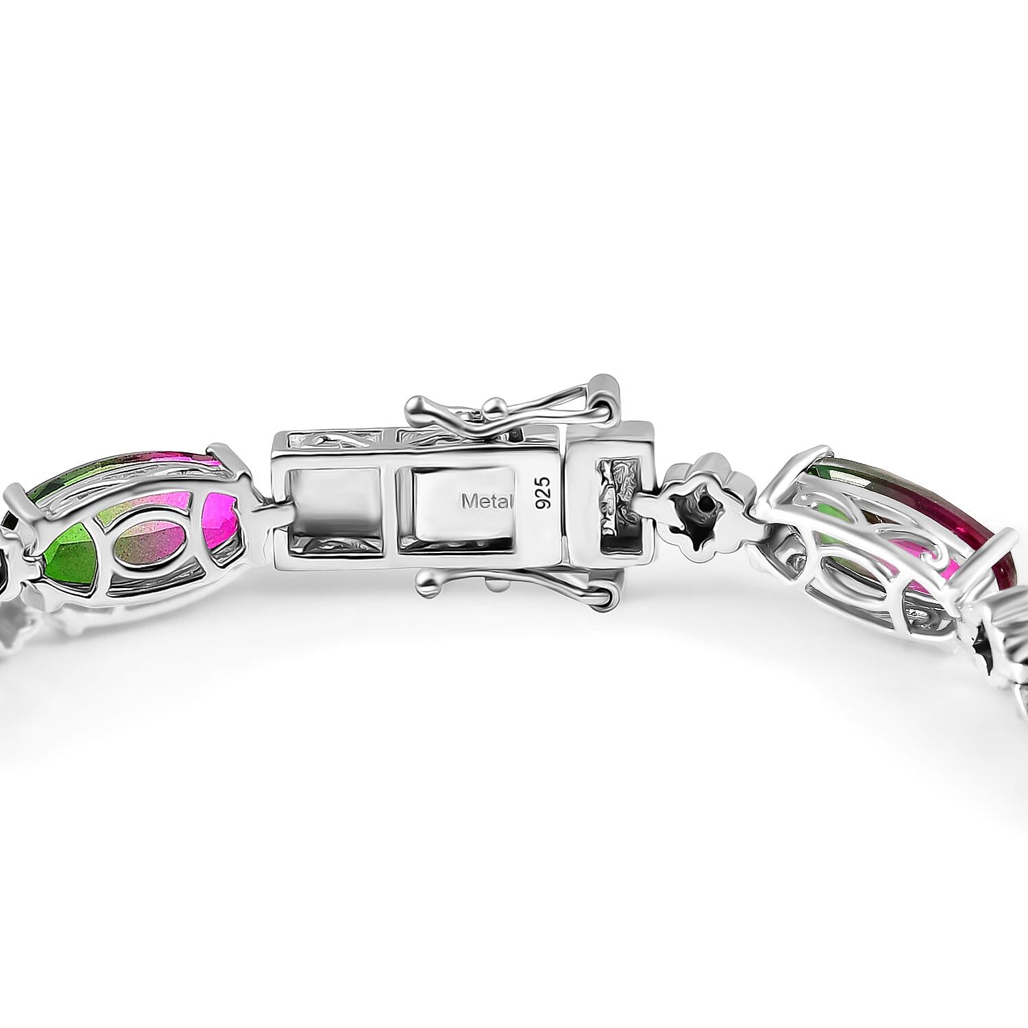 Watermelon Quartz Triplet Tennis Bracelet (Size - 8) with GB Lock Box in Rhodium Overlay Sterling Silver 27.70 Ct, Silver Wt.14.37 Gms.