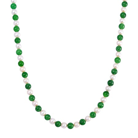 Enhanced Green Jade & Fresh Water Pearl Necklace (Size - 20) in Rhodium Overlay Sterling Silver 200.00 Ct.