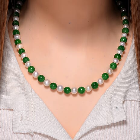 Enhanced Green Jade & Fresh Water Pearl Necklace (Size - 20) in Rhodium Overlay Sterling Silver 200.00 Ct.