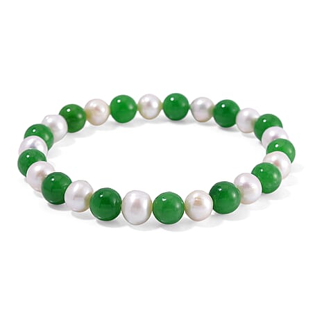 Enhanced Green Jade & Fresh Water Pearl Stone Bracelet (Size 7.5 Stretchable) 100.00 Ct.