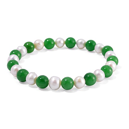 Enhanced Green Jade & Fresh Water Pearl Stone Bracelet (Size 7.5 Stretchable) 100.00 Ct. Enhanced Green Jade & Fresh Water Pearl Stone Bracelet (Size 7.5 Stretchable) 100.00 Ct.