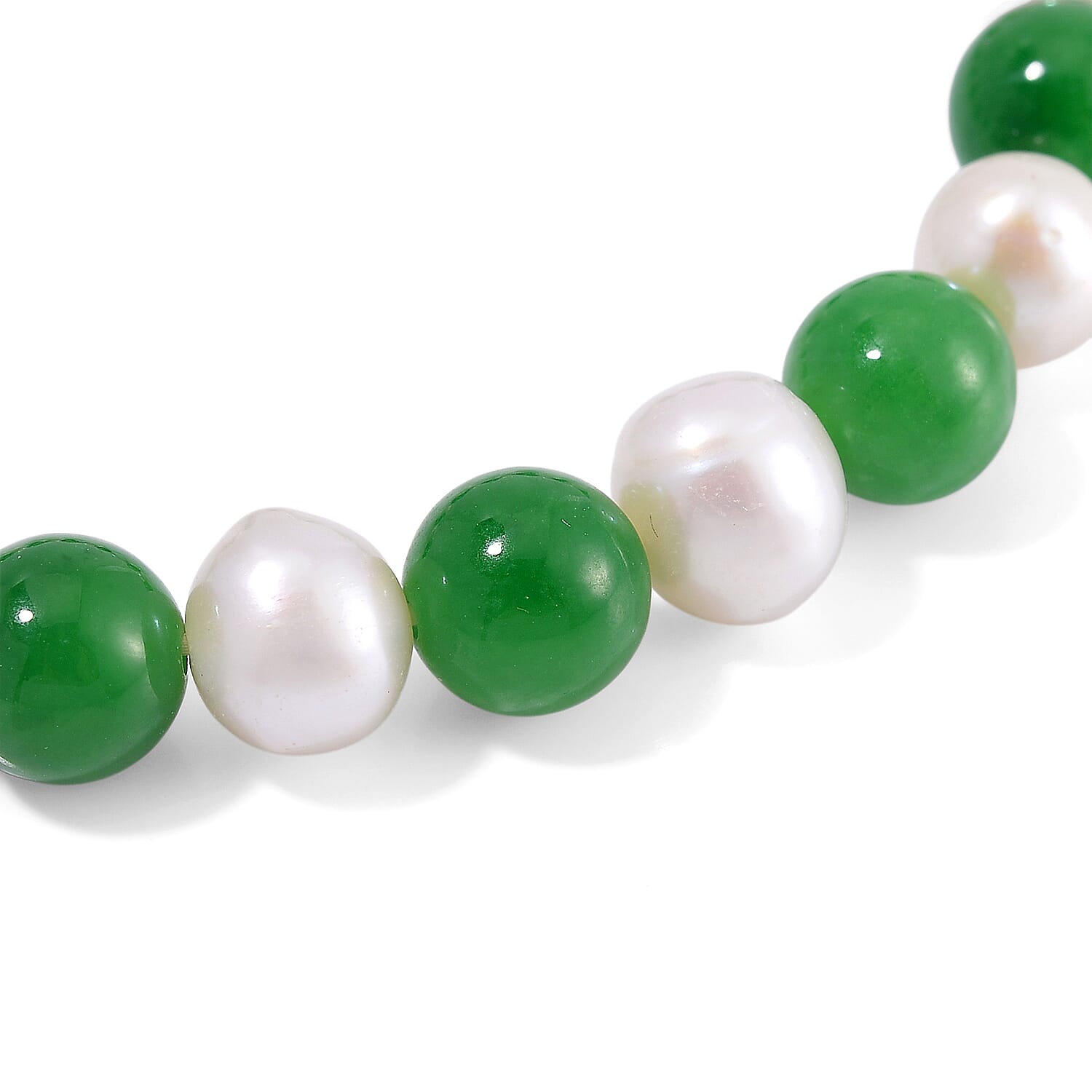Enhanced Green Jade & Fresh Water Pearl Stone Bracelet (Size 7.5 Stretchable) 100.00 Ct.