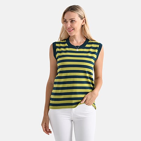 - Maisi Round Neck Striped Knitted Vest (Size M) - Green