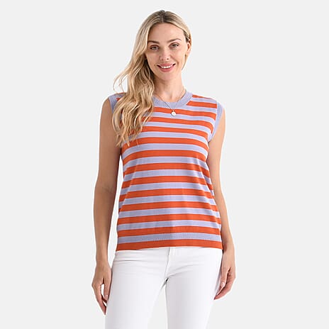 - Maisi Round Neck Striped Knitted Vest (Size S) - Orange - Grey