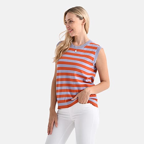 - Maisi Round Neck Striped Knitted Vest (Size XXL) - Orange - Grey