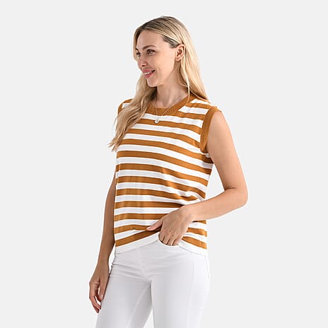 - Maisi Round Neck Striped Knitted Vest (Size L) - Brown - White