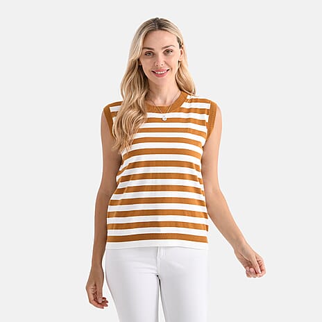 - Maisi Round Neck Striped Knitted Vest (Size XXL) - Brown - White