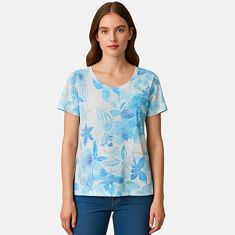 Anamor Floral Print Short Sleeve Casual T-Shirt (Size XL) - Blue